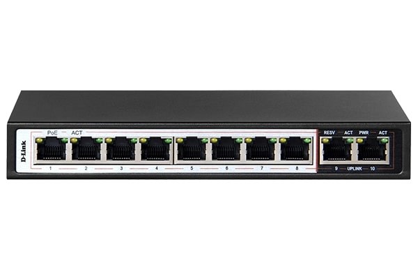 "Buy Online  D-LINK 10-port 10/100Base-T Unmanaged Long Range 250m PoE+ Surveillance Switch with 8 PoE ports| 96W PoE Power budget DLDES-F1010P-E Networking"
