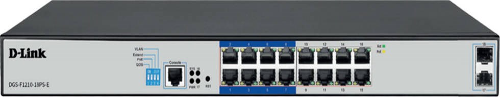 "Buy Online  D-Link 16-port 10/100/1000Base-T Long Range 250m PoE+ Smart Switch with 16 PoE ports| 2 SFP ports| 150W PoE Power budget| (802.3af/802.3at support) DLDGS-F1210-18PS-E Networking"