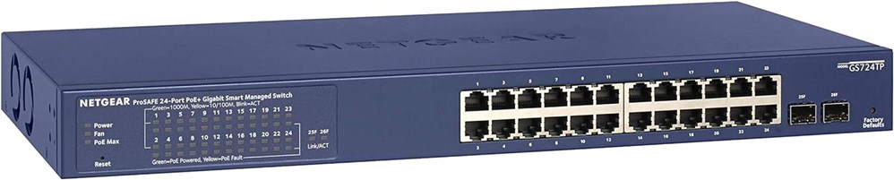 "Buy Online  NETGEAR 24-Port Gigabit Ethernet Smart Managed Pro PoE Switch (GS724TP) - with 24 x PoE+ @ 190W| 2 x 1G SFP| Desktop/Rackmount| and ProSAFE Limited Lifetime Protection Networking"