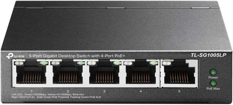 "Buy Online  TP-Link PoE Switch 5-Port Gigabit| 4 PoE+ ports up to 30 W for each PoE port and 40 W for all PoE ports| Metal Casing| Plug and Play| Ideal for IP Surveillance and Access Point(TL-SG1005LP) Networking"