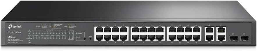 "Buy Online  TP-Link SL2428P JetStream 24-Port 10/100Mbps + 4-Port Gigabit Smart Switch with 24-Port PoE+ (24 PoE+ Ports + 4 Gigabit RJ45 Ports + 2 Combo Gigabit SFP slots| 250W| Rackmount) Networking"