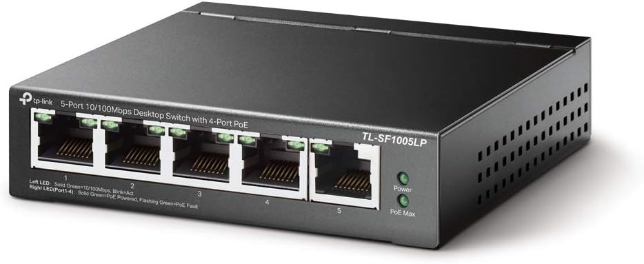 "Buy Online  TP-Link PoE Switch 5-Port 100 Mbps| 4 PoE ports up to 15.4 W for each PoE port and 41 W for all PoE ports| Metal Casing| Plug and Play| Ideal for IP Surveillance and Access Point(TL-SF1005LP) Networking"