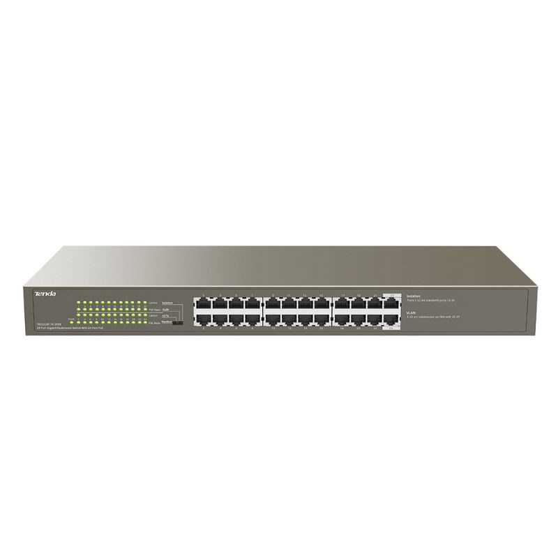 "Buy Online  Tenda 24-Ports FE ports + 1 GE+1GE/SFP port unmanaged PoE+ switch TEF1126P-24-250W Networking"