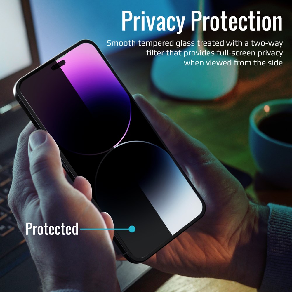 "Buy Online  Promate Privacy Glass Screen Protector for iPhone 14 Pro Max with Silicone Bumper and Shatter ProtectionI Aegis-i14ProMax Mobile Accessories"