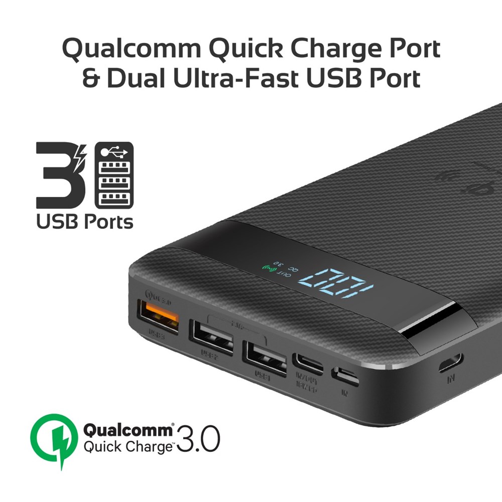 "Buy Online  Promate USB-C Qi Power BankI Qi-Certified 10W Fast Wireless 20000mAh Battery Charger with 18W Two-Way Type-C Power DeliveryI QC 3.0 Three USB PortI LED Display and LightningI Micro USB Input for Qi and USB Enabled DevicesI AuraTank-20 Black Mobile Accessories"