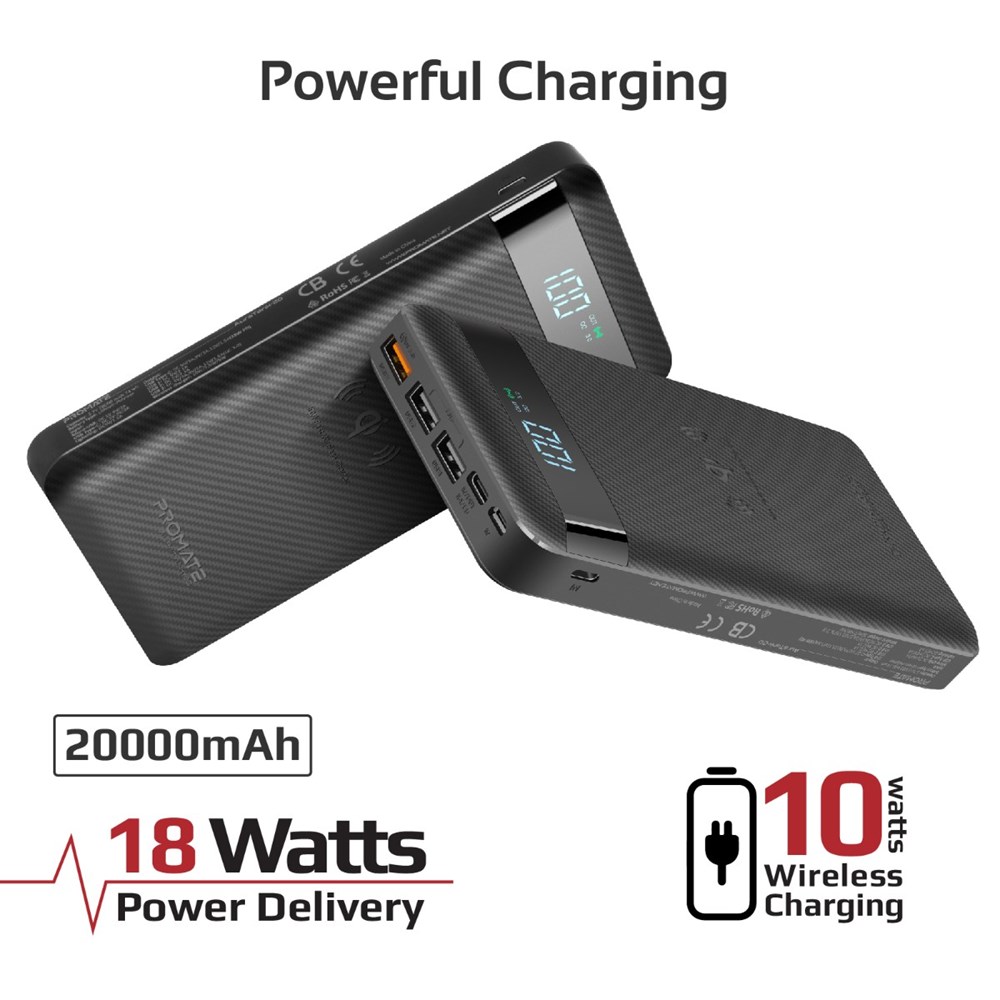"Buy Online  Promate USB-C Qi Power BankI Qi-Certified 10W Fast Wireless 20000mAh Battery Charger with 18W Two-Way Type-C Power DeliveryI QC 3.0 Three USB PortI LED Display and LightningI Micro USB Input for Qi and USB Enabled DevicesI AuraTank-20 Black Mobile Accessories"