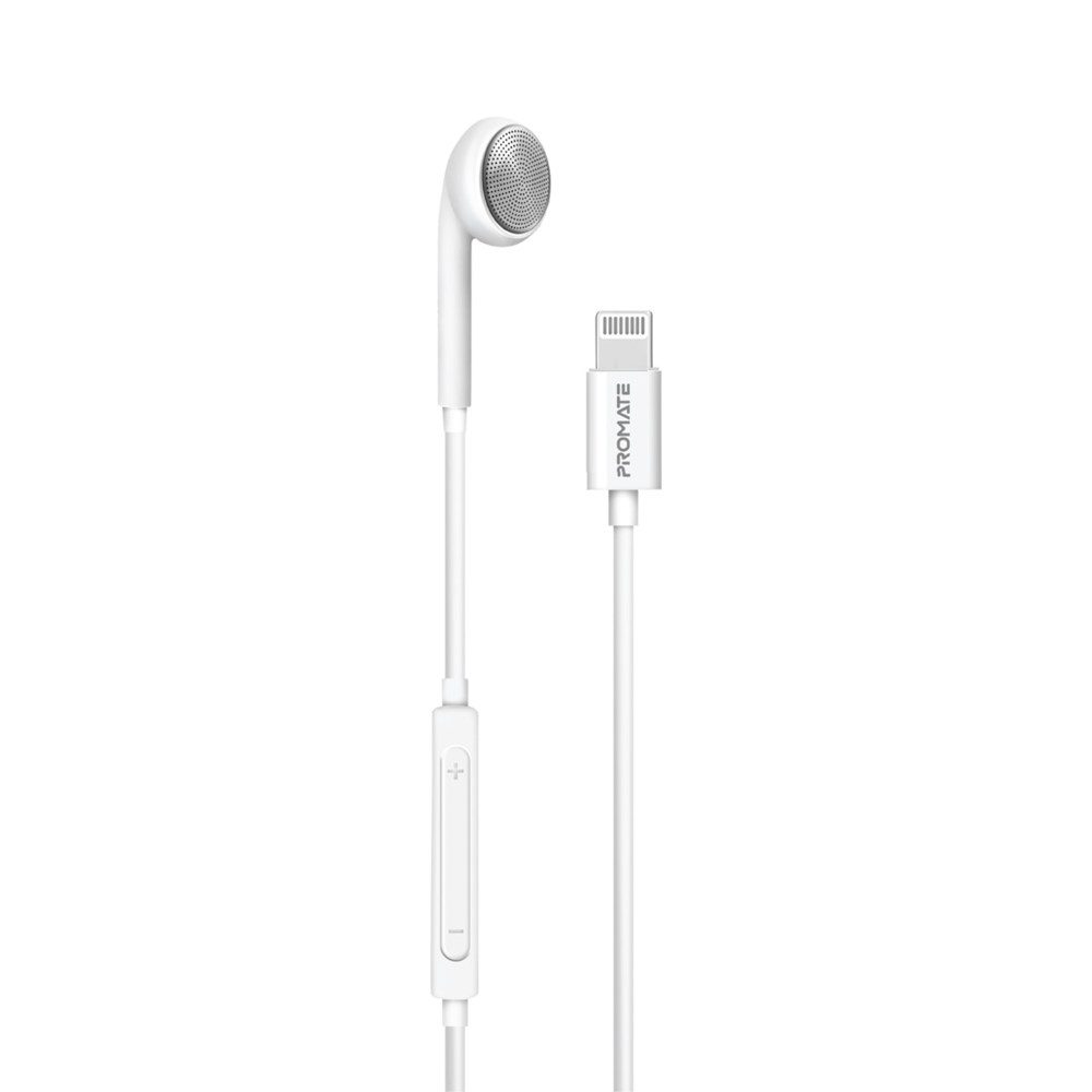 "Buy Online  Promate Mono Earbuds with Lightning ConnectorI Apple MFi CertificateI Mic and Volume ControlI Beat-LT White Recorders"