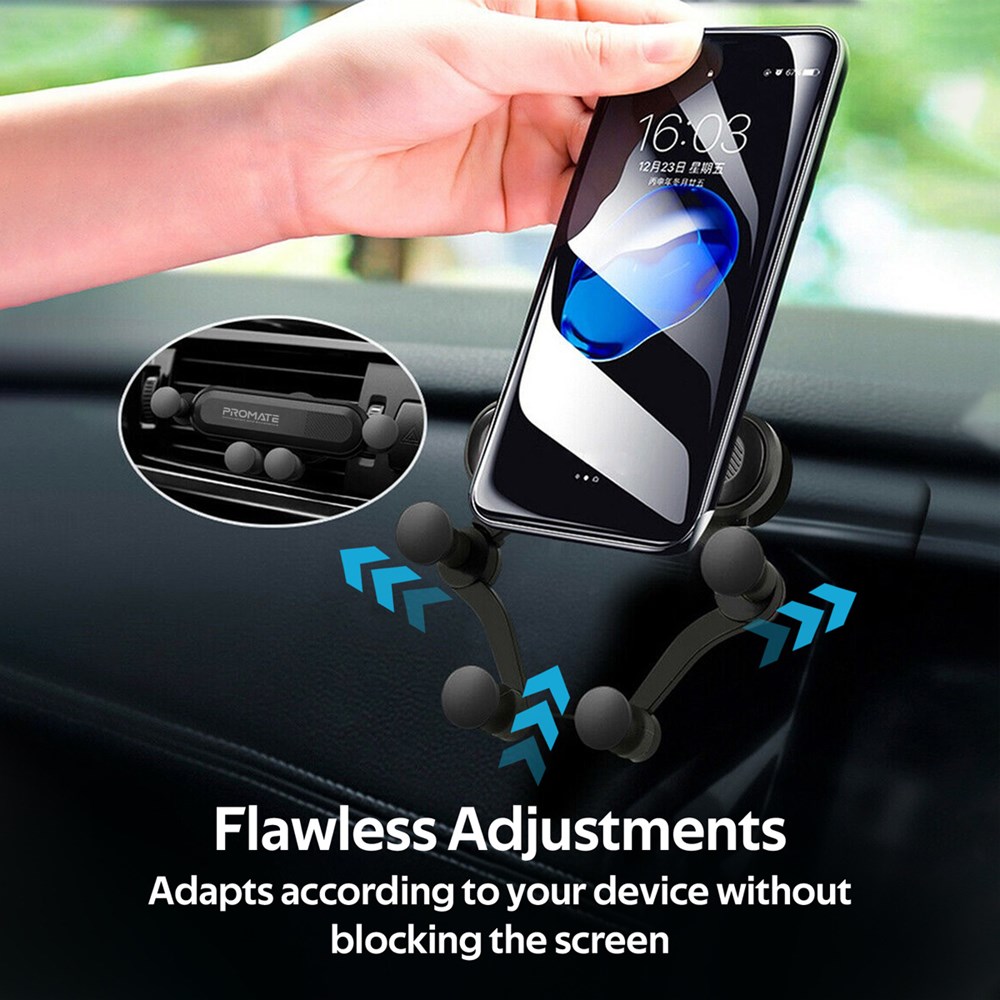 "Buy Online  Promate AC Air Vent Phone Holder I Universal Gravity Anti-Slip AC Vent Grip Mount with 360 Degree Rotation I Flawless Adjustments I Auto Lock and Secure Air Vent Mount for Smartphones I GPS I Mp3 Players I Clutch Black Mobile Accessories"