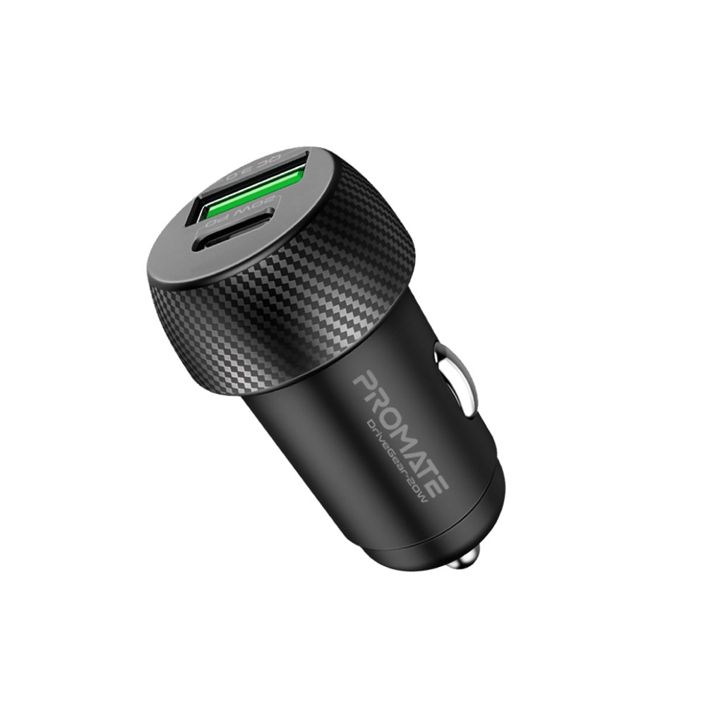 "Buy Online  Promate USB-C Car Charger with 20W USB-C Power Delivery Port and 18W QC 3.0 USB PortI DriveGear-20W Mobile Accessories"