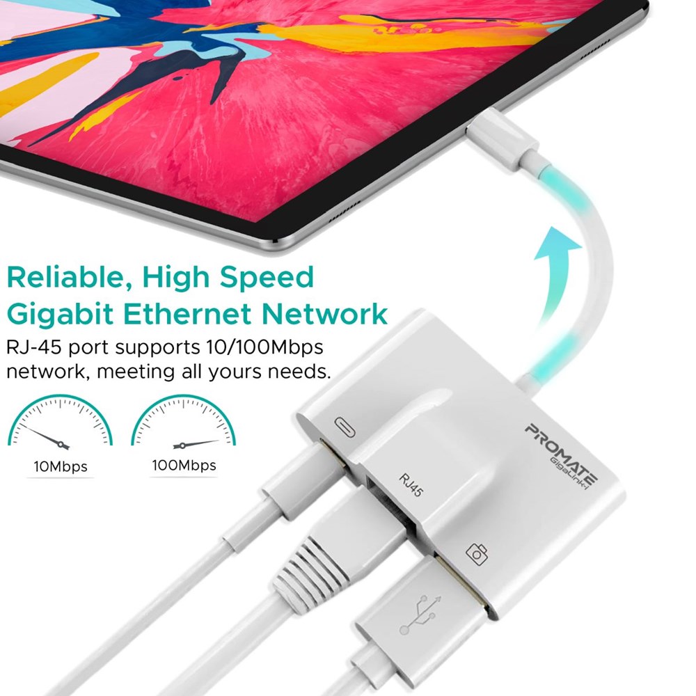 "Buy Online  Promate Lightning Hub I 3 in 1 RJ45 Ethernet LAN Wired Network Adapter with USB OTG Camera Adapter Kit and 2A Pass-Through Charging and Syncing Adapter for iPhone XS Plus/iPad/iPad Pro I GigaLink-I White Accessories"