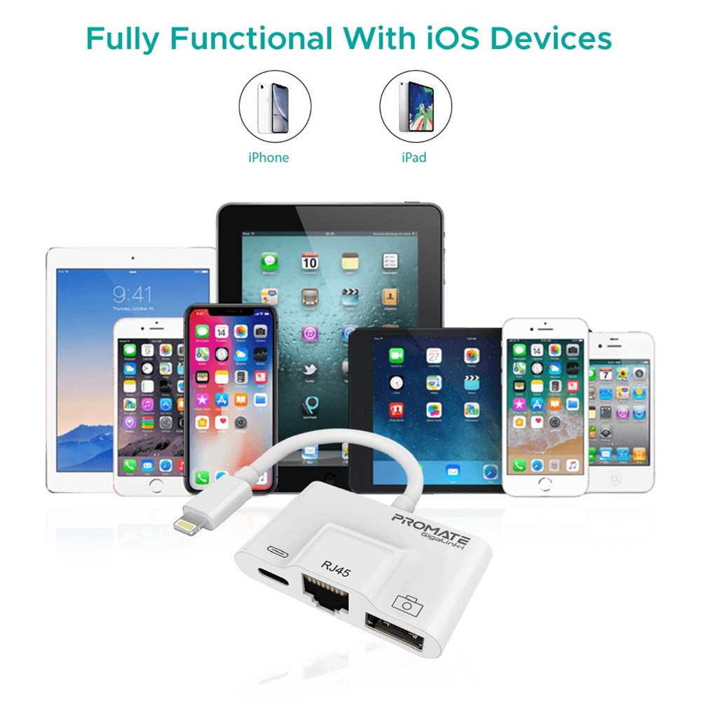"Buy Online  Promate Lightning Hub I 3 in 1 RJ45 Ethernet LAN Wired Network Adapter with USB OTG Camera Adapter Kit and 2A Pass-Through Charging and Syncing Adapter for iPhone XS Plus/iPad/iPad Pro I GigaLink-I White Accessories"