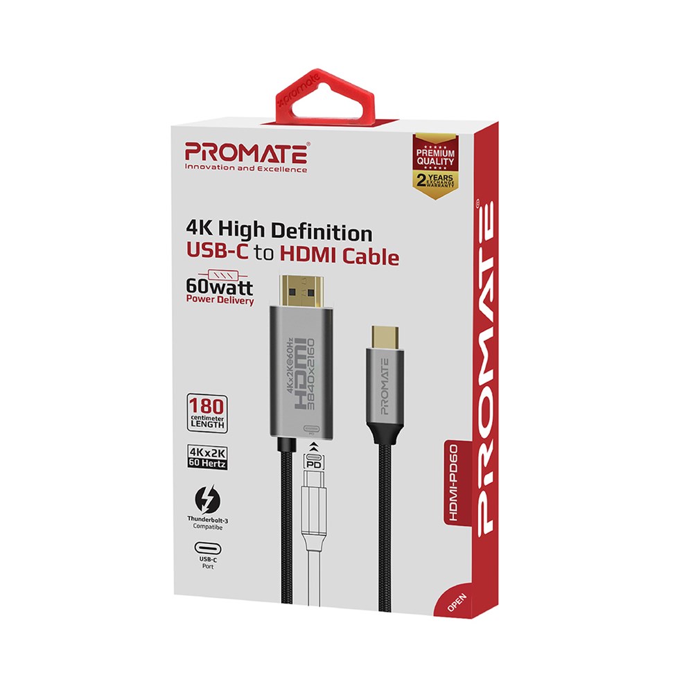 "Buy Online  Promate USB-C to HDMI CableI Premium Type-C (Thunderbolt-3) to HDMI Adapter with Built-In 60W USB-C Power Delivery PortI 4K at 60Hz TransmissionI Long LifespanI 6ft Cable for USB-C Enabled DevicesI HDMI-PD60 Accessories"