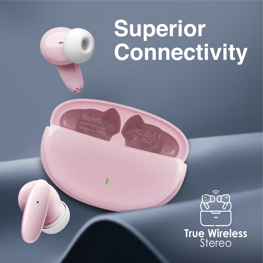 "Buy Online  Promate True Wireless Earbuds with Bluetooth v5.1 Mic IPX5 Water Resistance and Auto Pairing Lush Pink Bluetooth Headsets & Earbuds"