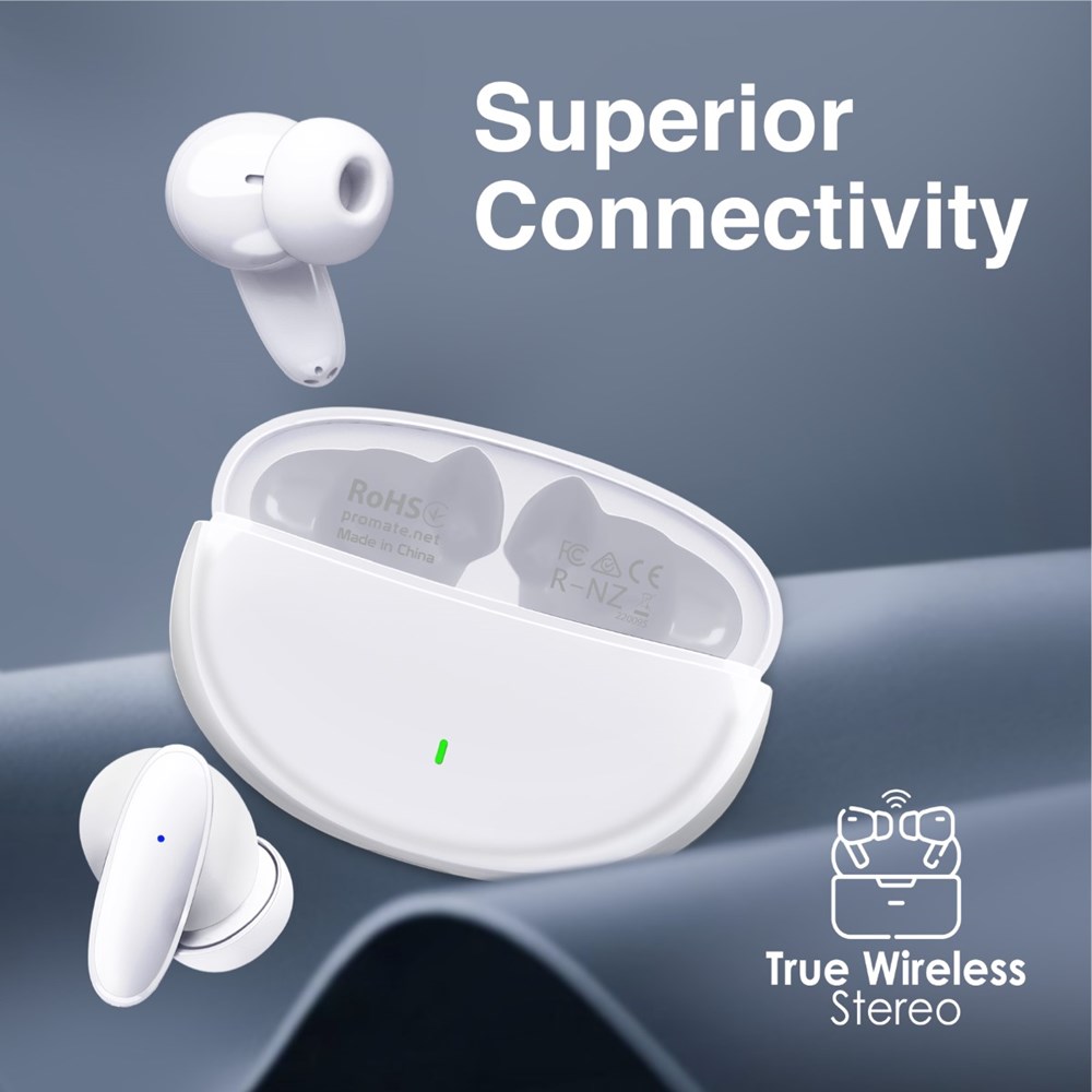 "Buy Online  Promate True Wireless Earbuds with Bluetooth v5.1 Mic IPX5 Water Resistance and Auto Pairing Lush White Bluetooth Headsets & Earbuds"