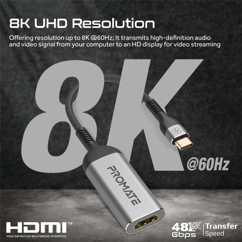 "Buy Online  Promate Type-C to HDMI Adapter with 8K 60Hz Port 48Gbps Transfer Speed and 10000+ Bend Lifespan MediaLink-8K Accessories"