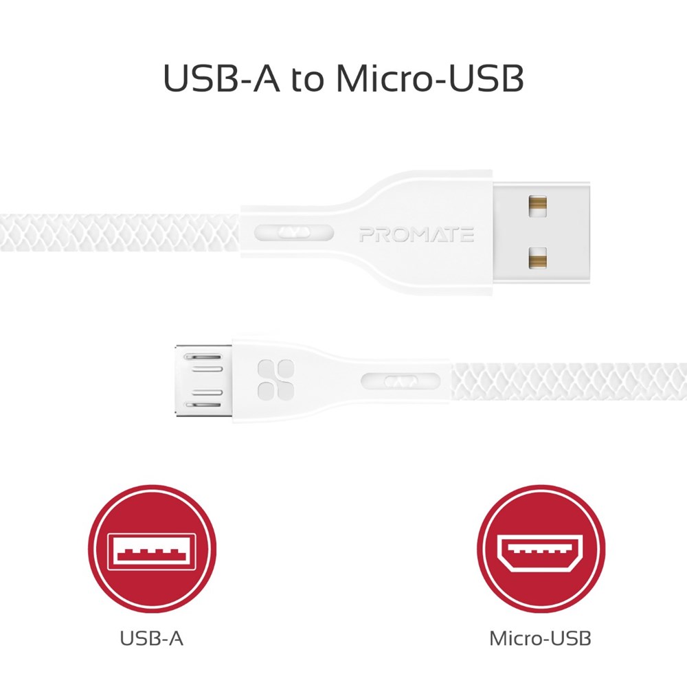 "Buy Online  Promate Micro-USB Cable High-Quality Anti-Break Micro USB to USB 2.0 Cable White Accessories"