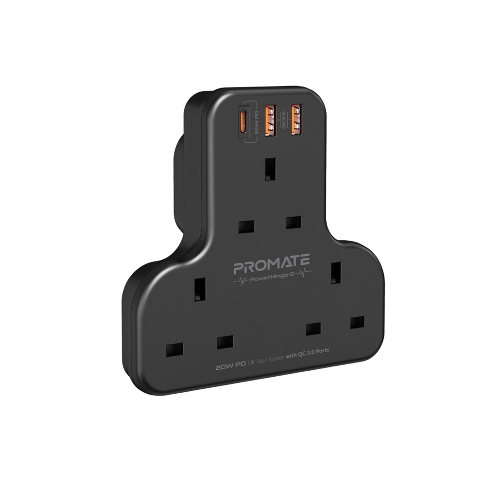 "Buy Online  Promate Power Strip with 3250W 3 AC OutletsI 20W USB-C PD Port and Dual 20W QC 3.0 PortsI PowerHinge-3 Black Audio and Video"