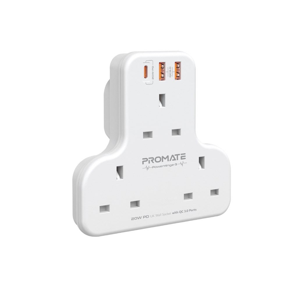 "Buy Online  Promate Power Strip with 3250W 3 AC OutletsI 20W USB-C PD Port and Dual 20W QC 3.0 PortsI PowerHinge-3 White Audio and Video"