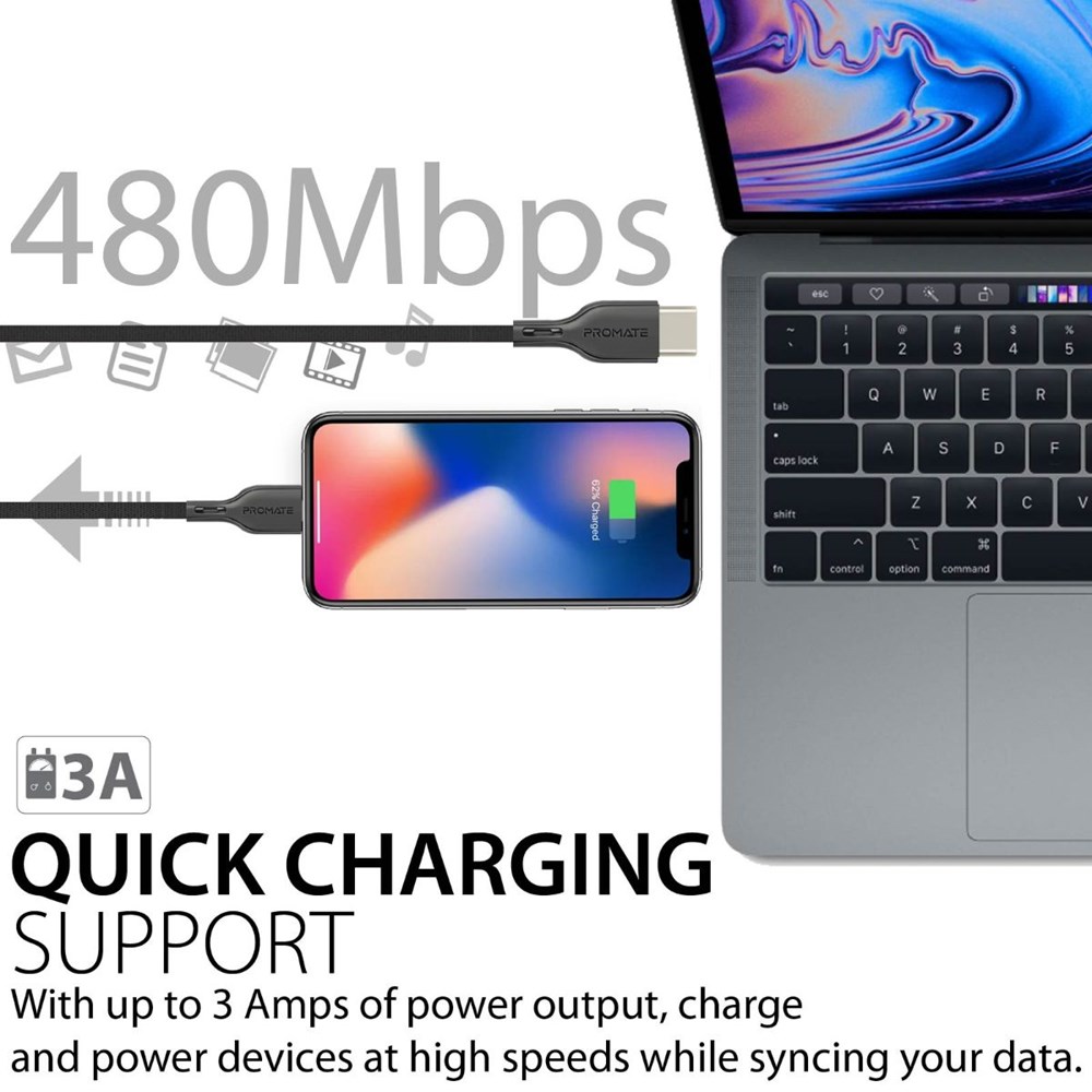 "Buy Online  Promate MFi Certified Lightning to USB-C Cable Black Accessories"