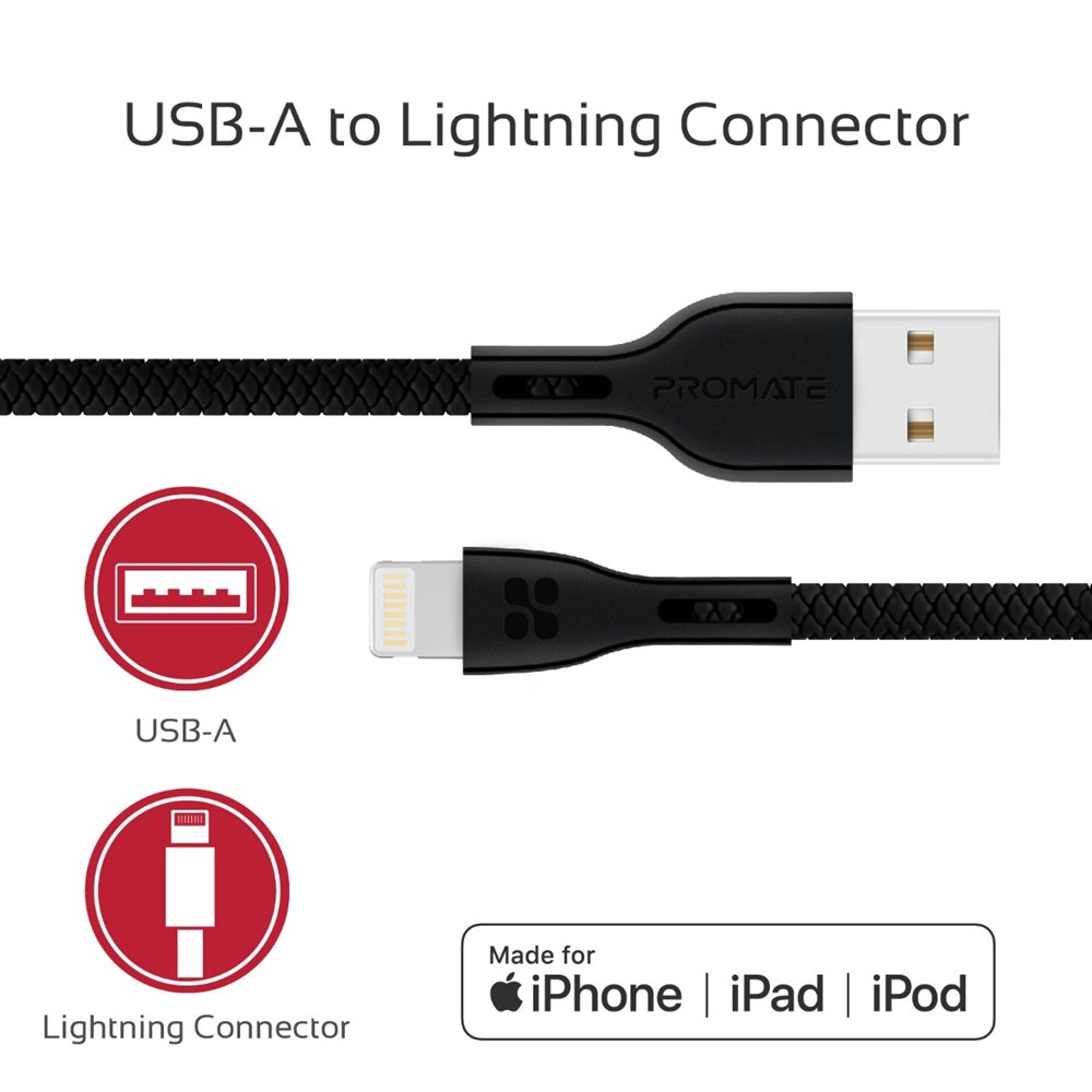 "Buy Online  Promate Lightning Cable Ultra-Strong 2A Ultra- Fast Sync and Charge Lightning Connector Cable Black Accessories"
