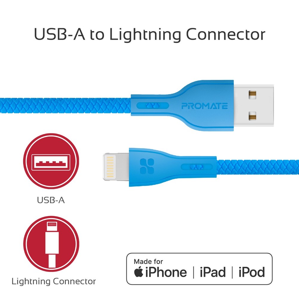 "Buy Online  Promate Lightning Cable Ultra-Strong 2A Ultra- Fast Sync and Charge Lightning Connector Cable Blue Accessories"