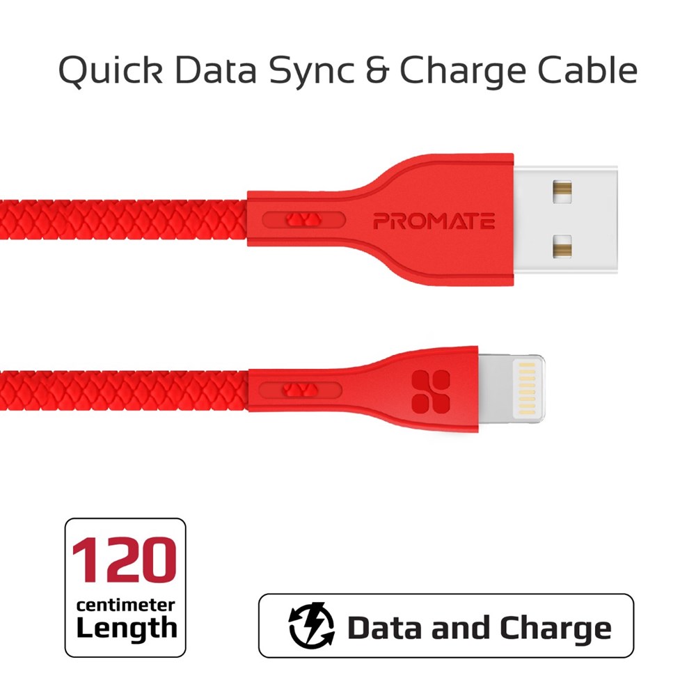 "Buy Online  Promate Lightning Cable Ultra-Strong 2A Ultra- Fast Sync and Charge Lightning Connector Cable Red Accessories"