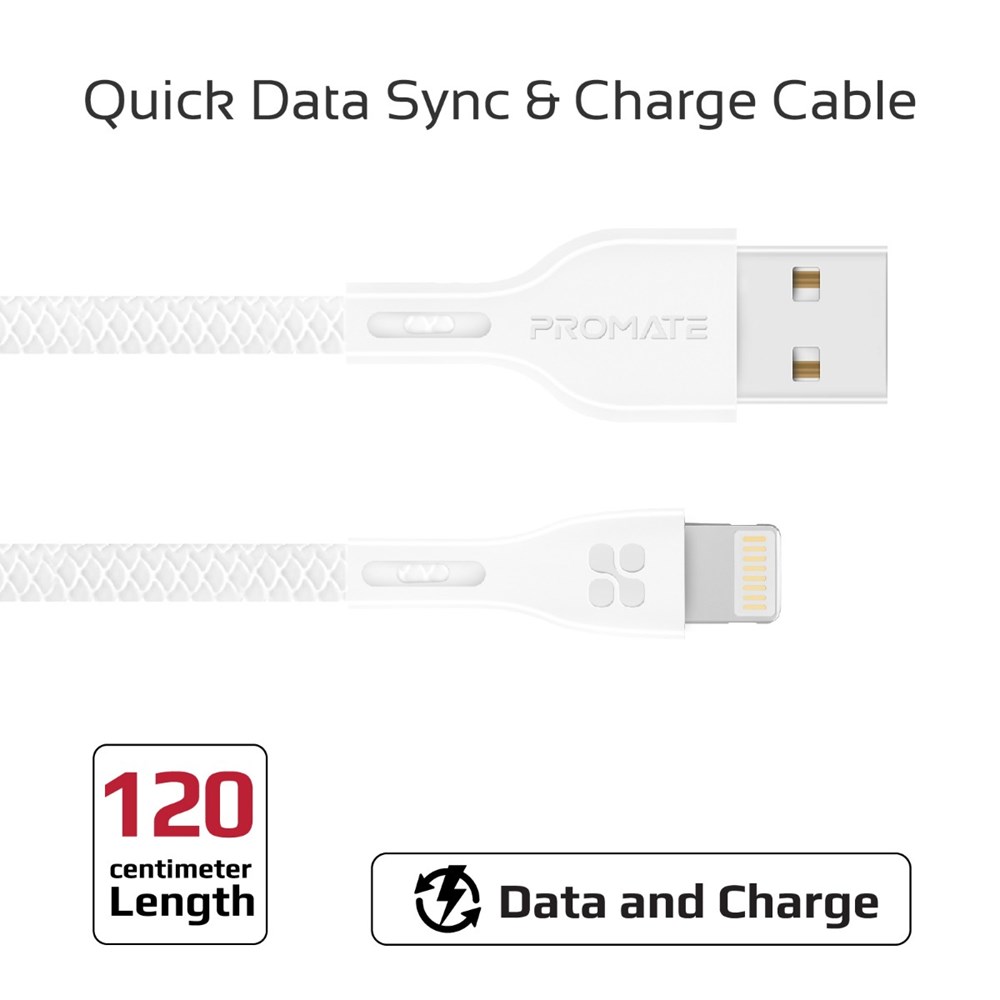"Buy Online  Promate Lightning Cable Ultra-Strong 2A Ultra- Fast Sync and Charge Lightning Connector Cable White Accessories"