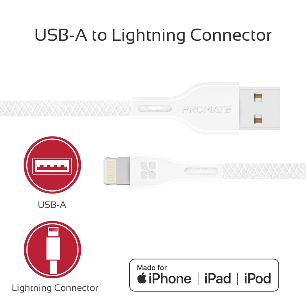 "Buy Online  Promate Lightning Cable Ultra-Strong 2A Ultra- Fast Sync and Charge Lightning Connector Cable White Accessories"