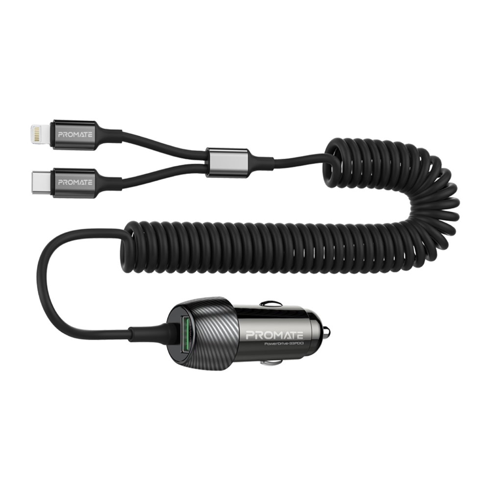 "Buy Online  Promate Car Charger with Cable with QC 3.0 PortI 33W PD USB-C and Lightning Coiled CableI PowerDrive-33PDCI Mobile Accessories"