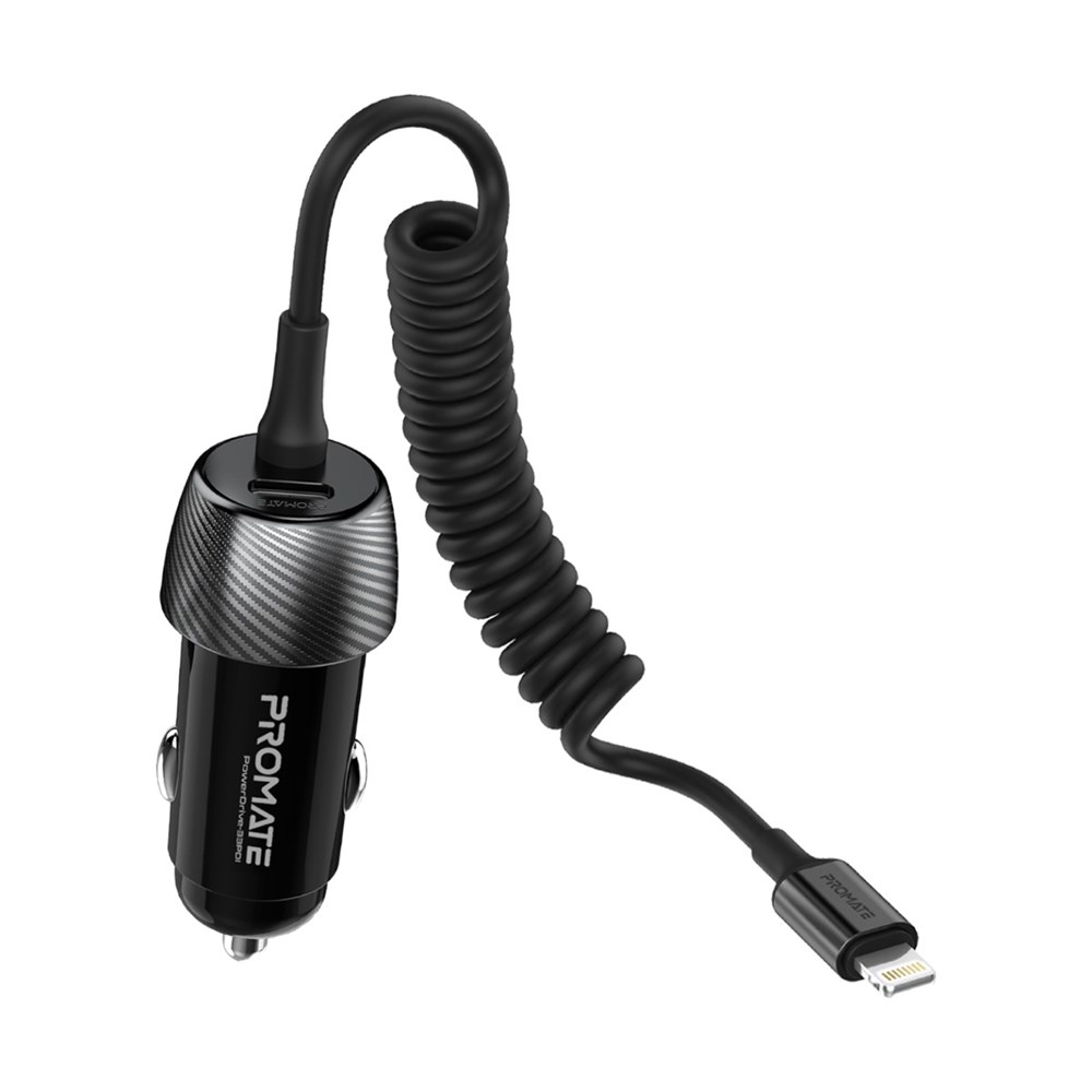 "Buy Online  Promate Car Charger with Cable with 33 PDI USB-C PortI 20W Lightning Coiled CableI PowerDrive-33PDI Mobile Accessories"