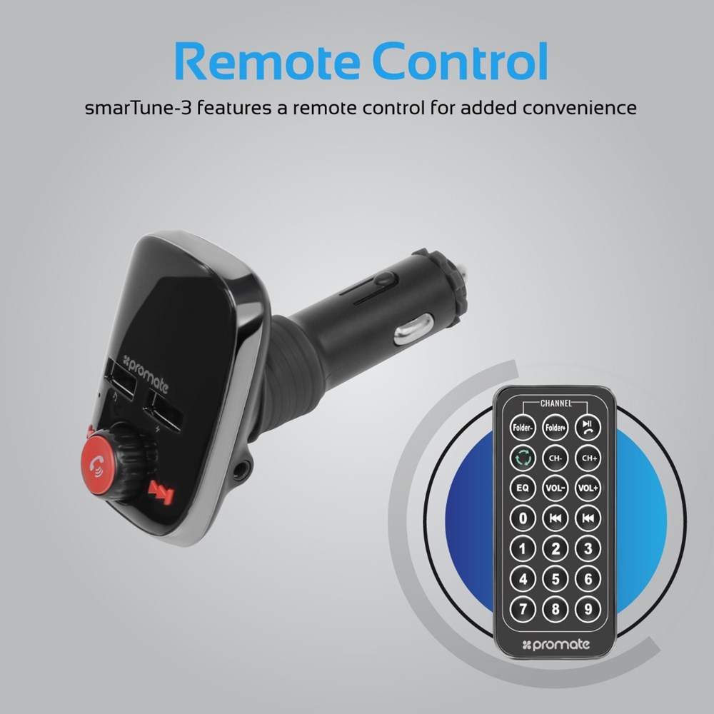 "Buy Online  Promate Wireless FM Transmitter In-Car Bluetooth V4.2 FM Transmitter Car Kit with Smart LED Display 3.4A Dual USB Port Car Charger AUX Input Micro-SD Card Slot Remote Control and Hands-Free Calling for Smartphones Tablet MP3 SmarTune-3 Audio and Video"