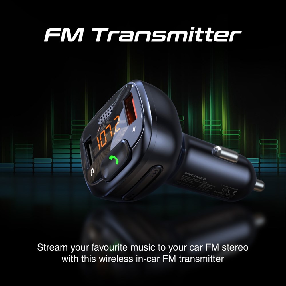 "Buy Online  Promate Bluetooth FM Transmitter with QC 3.0 Flash Drive Input LCD Screen and Microphone SmarTune-4 Audio and Video"