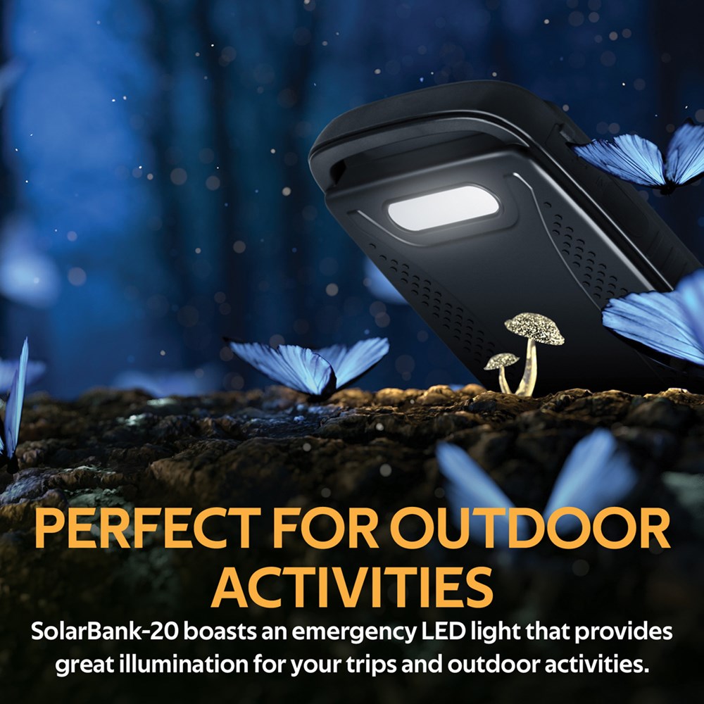 "Buy Online  Promate Solar Power BankI Premium Water Resistant 20000mAh Portable Outdoor Solar Charger with Fast Charging 2.4A Dual USB PortI Shockproof and Super Bright LED Light for SmartphonesI TabletsI SolarBank-20 Black Mobile Accessories"