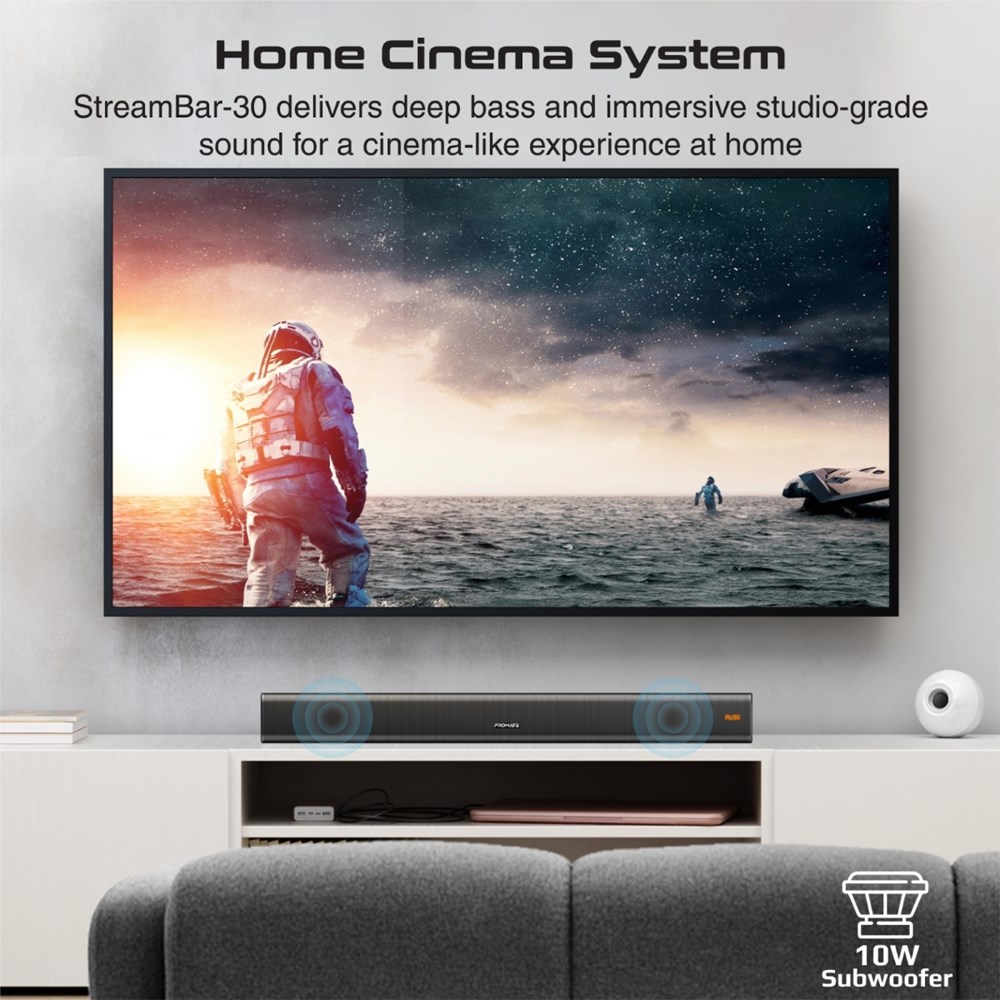 "Buy Online  Promate 30W Soundbar with 10W SubwooferI Multipoint Pairing and Remote ControlI StreamBar-30 Audio and Video"