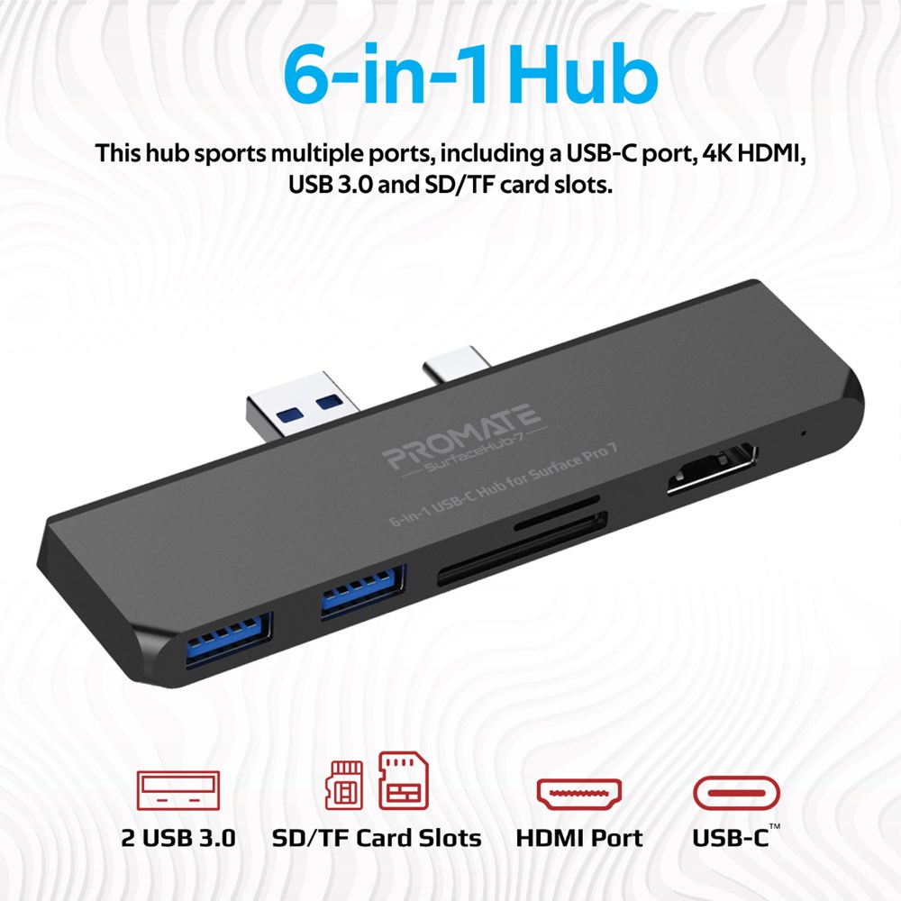 "Buy Online  Promate USB-C Hub for Microsoft Surface Pro 7 Premium 6-In-1 USB Hub Docking Station with 4K HDMI Adapter SD/TF Card Slots USB Type-C Port and Dual USB 3.0 Sync Charge Port SurfaceHub-7 Black Accessories"