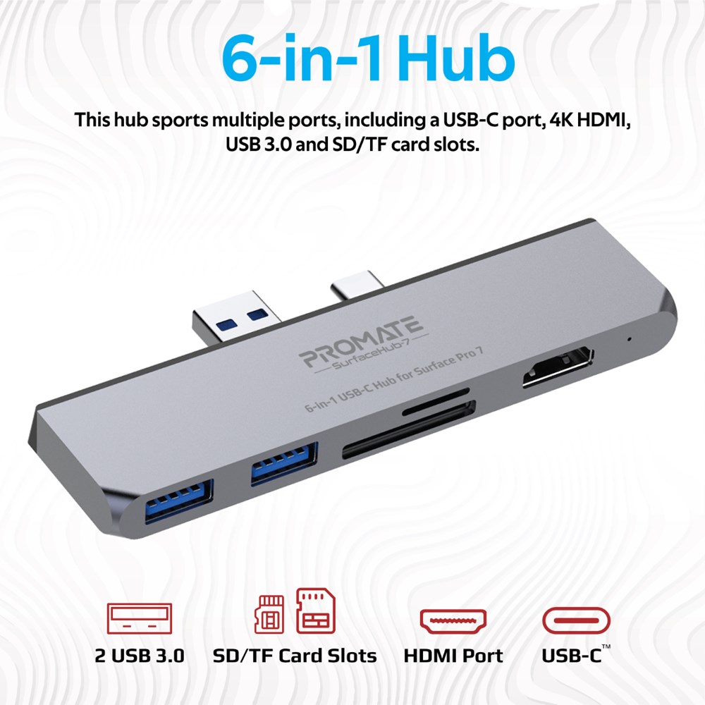 "Buy Online  Promate USB-C Hub for Microsoft Surface Pro 7 Premium 6-In-1 USB Hub Docking Station with 4K HDMI Adapter SD/TF Card Slots USB Type-C Port and Dual USB 3.0 Sync Charge Port SurfaceHub-7 Grey Accessories"