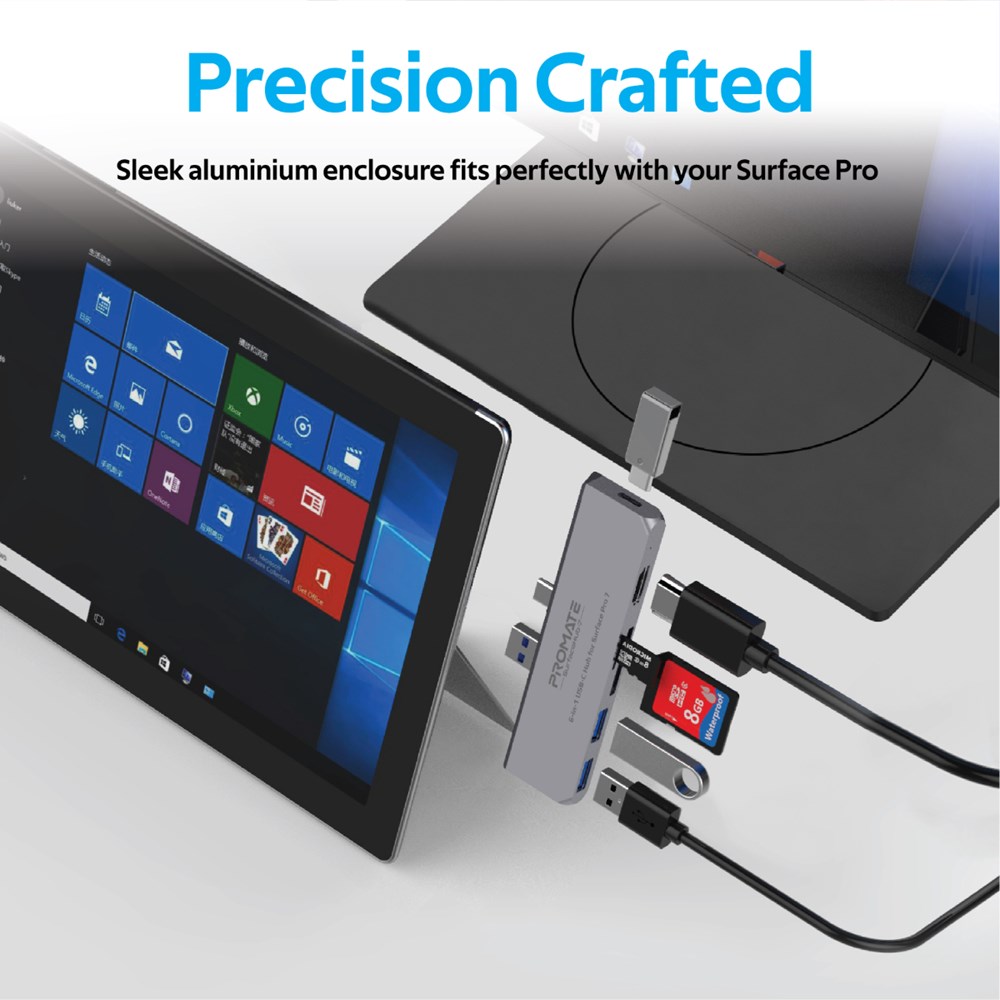 "Buy Online  Promate USB-C Hub for Microsoft Surface Pro 7 Premium 6-In-1 USB Hub Docking Station with 4K HDMI Adapter SD/TF Card Slots USB Type-C Port and Dual USB 3.0 Sync Charge Port SurfaceHub-7 Grey Accessories"