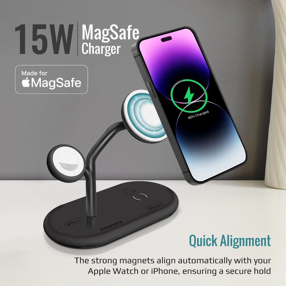 "Buy Online  Promate MagSafe Charger with 15W Stand 24W PD Type-C 5W MFi Apple Watch Charger and 5W/10W Qi Pad Synergy Black Mobile Accessories"