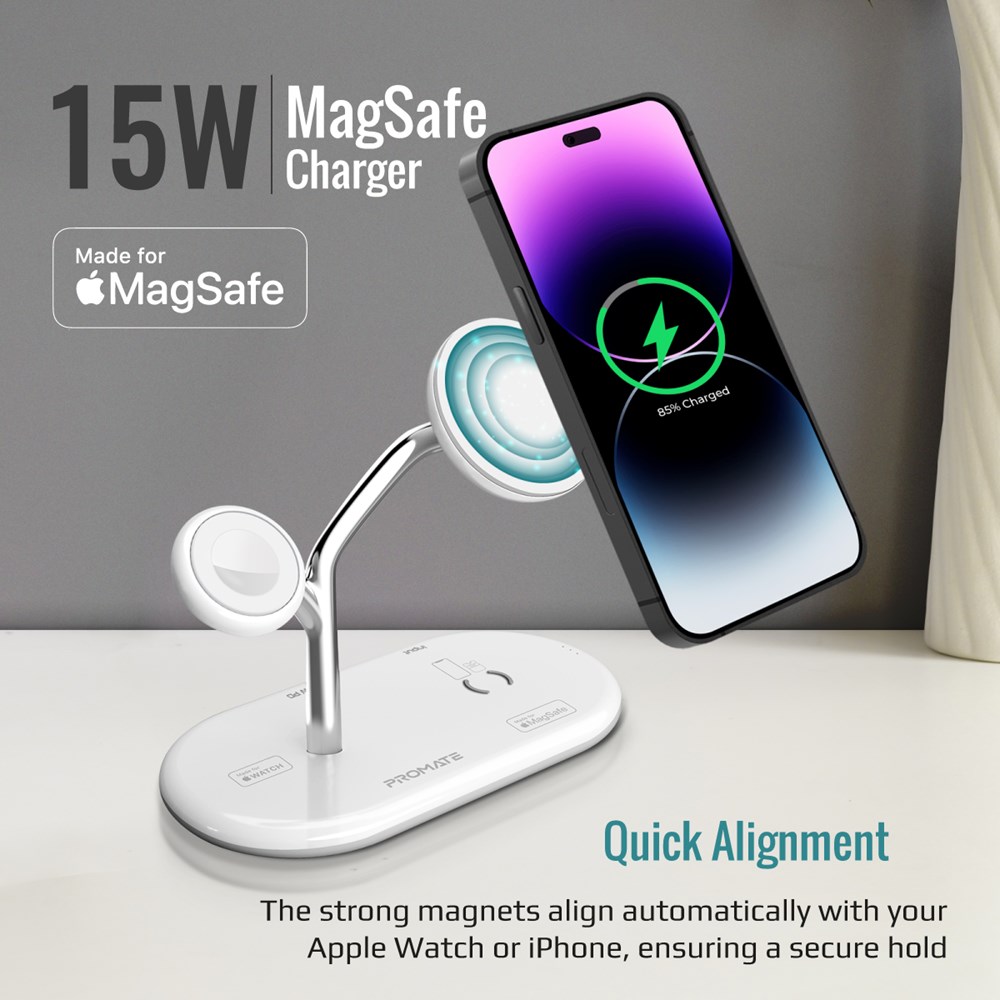 "Buy Online  Promate MagSafe Charger with 15W Stand 24W PD Type-C 5W MFi Apple Watch Charger and 5W/10W Qi Pad Synergy White Mobile Accessories"