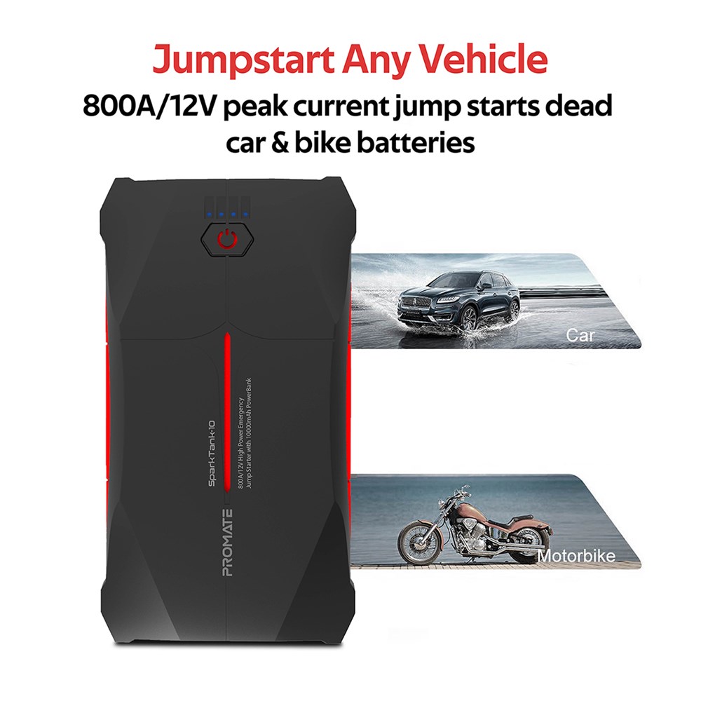"Buy Online  Promate Car Jump Starter Power BankI IP66 Water Resistant Portable Car Battery Booster with 10000mAh Power BankI USB Charging PortI LED Light and Spark-Free Smart ClampI SparkTank-10 Mobile Accessories"