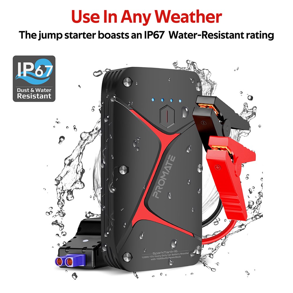 "Buy Online  Promate Car Jump Starter Power BankI IP67 Water Resistant Portable Car Battery Booster with 16000mAh Power BankI Dual USB PortI LED LightI Smart ClampI Micro USB and USC-C Input PortI SparkTank-16 Mobile Accessories"