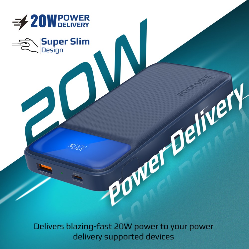 "Buy Online  Promate Power Bank with 10000mAh BatteryI KickstandI 20W USB-C PD Port and QC 3.0 18W PortI Torq-10 Navy Mobile Accessories"