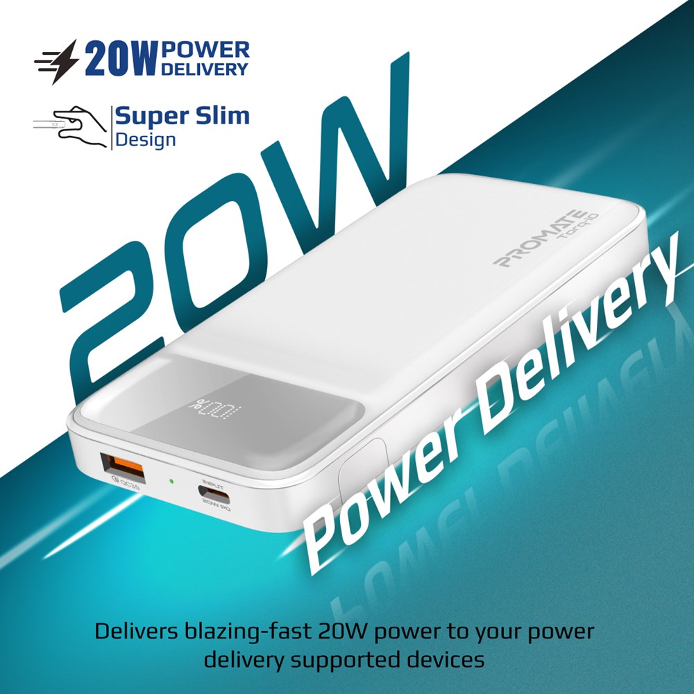 "Buy Online  Promate Power Bank with 10000mAh BatteryI KickstandI 20W USB-C PD Port and QC 3.0 18W PortI Torq-10 White Mobile Accessories"