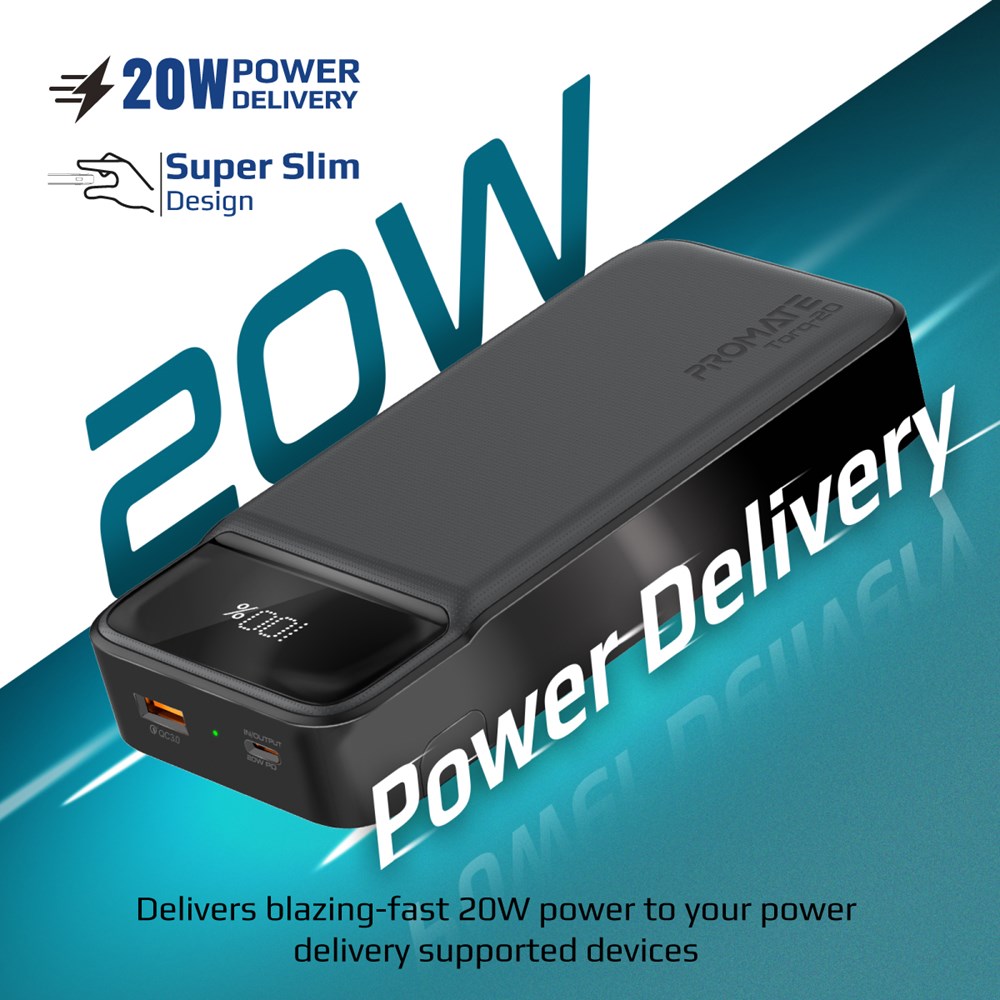 "Buy Online  Promate Power Bank with 20000mAh BatteryI KickstandI 20W USB-C PD Port and QC 3.0 18W PortI Torq-20 Black Mobile Accessories"