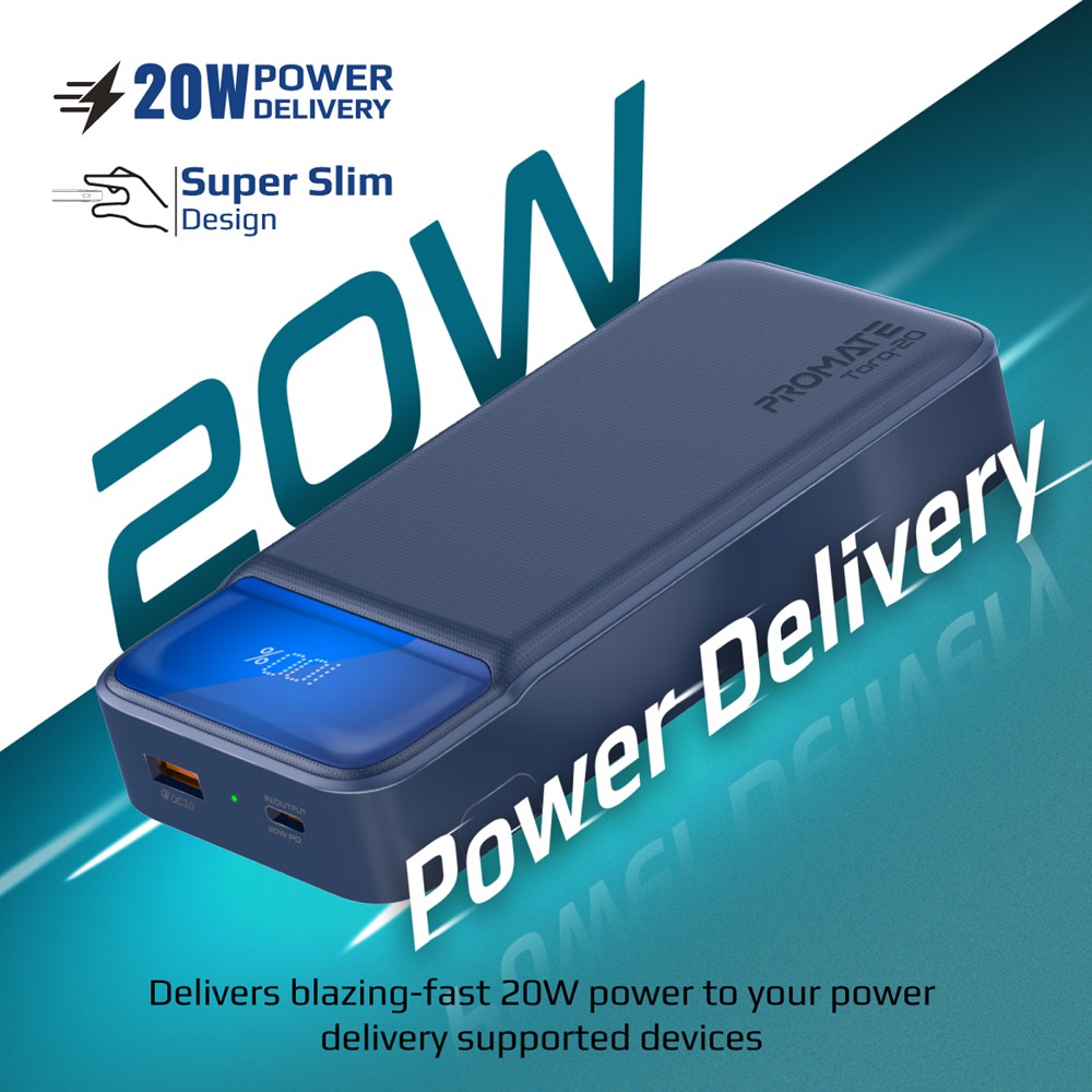 "Buy Online  Promate Power Bank with 20000mAh BatteryI KickstandI 20W USB-C PD Port and QC 3.0 18W PortI Torq-20 Navy Mobile Accessories"