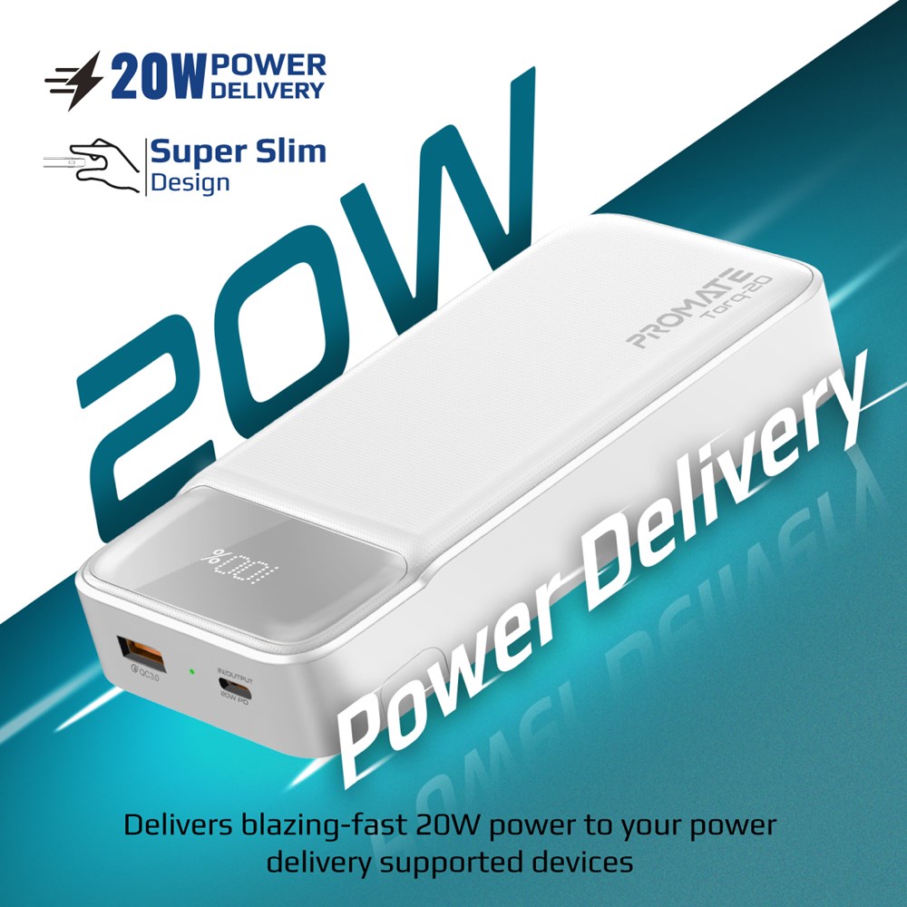 "Buy Online  Promate Power Bank with 20000mAh BatteryI KickstandI 20W USB-C PD Port and QC 3.0 18W PortI Torq-20 White Mobile Accessories"