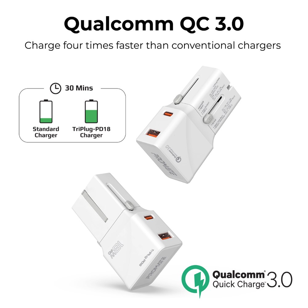 "Buy Online  Promate Travel Adapter Universal International AC Wall Charger with 18W Type-C Power Delivery Port with Qualcomm QC3.0 and Over-Charging Protection for UK EU AU US iPhone 12 iPad Pro Note 20 TripPlug-PD18 White Mobile Accessories"