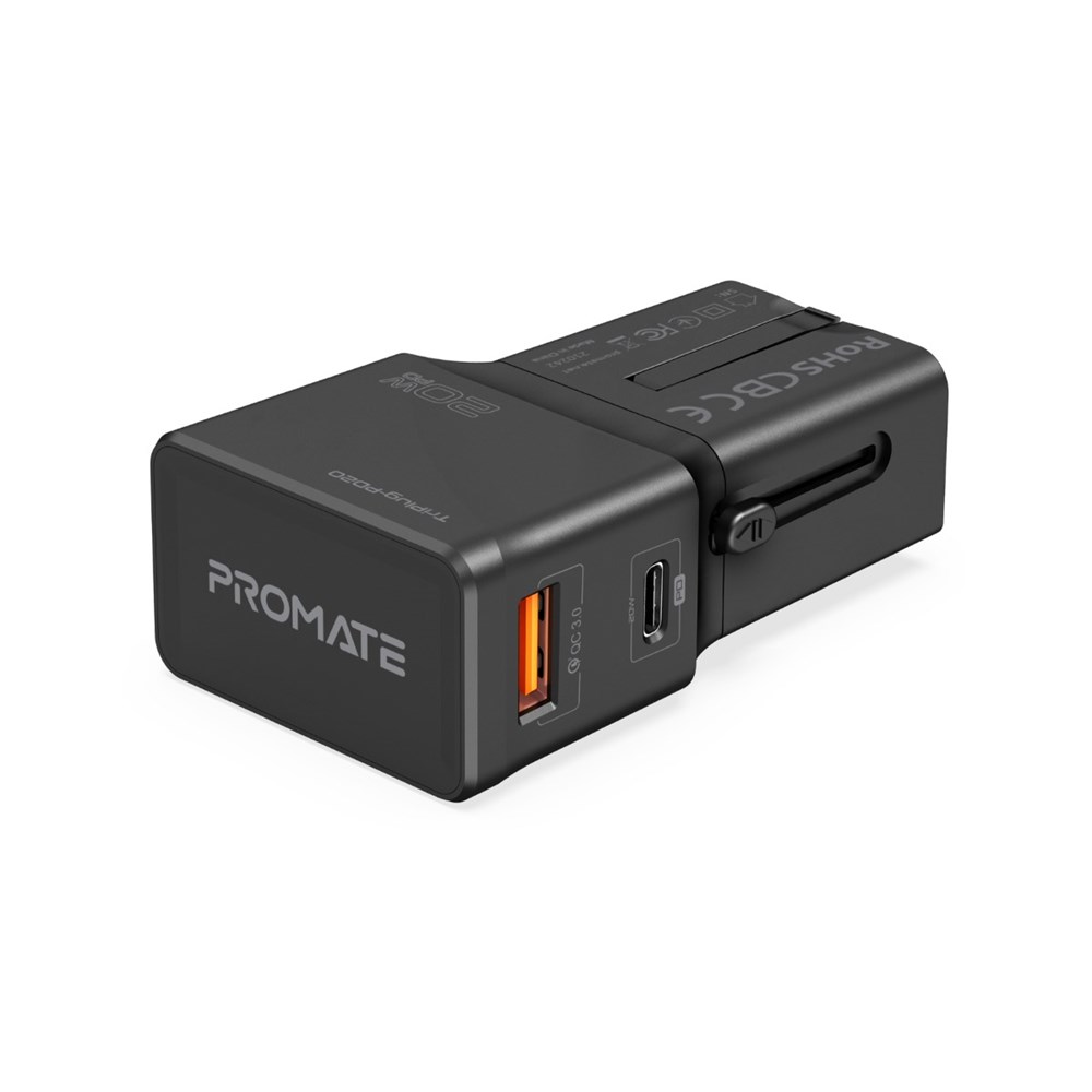 "Buy Online  Promate International Travel Adapter with Type-C 20W PD PortI QC 3.0 USB Port for USI EUI UKI AUS PlugsI TriPlug-PD20 Black Mobile Accessories"