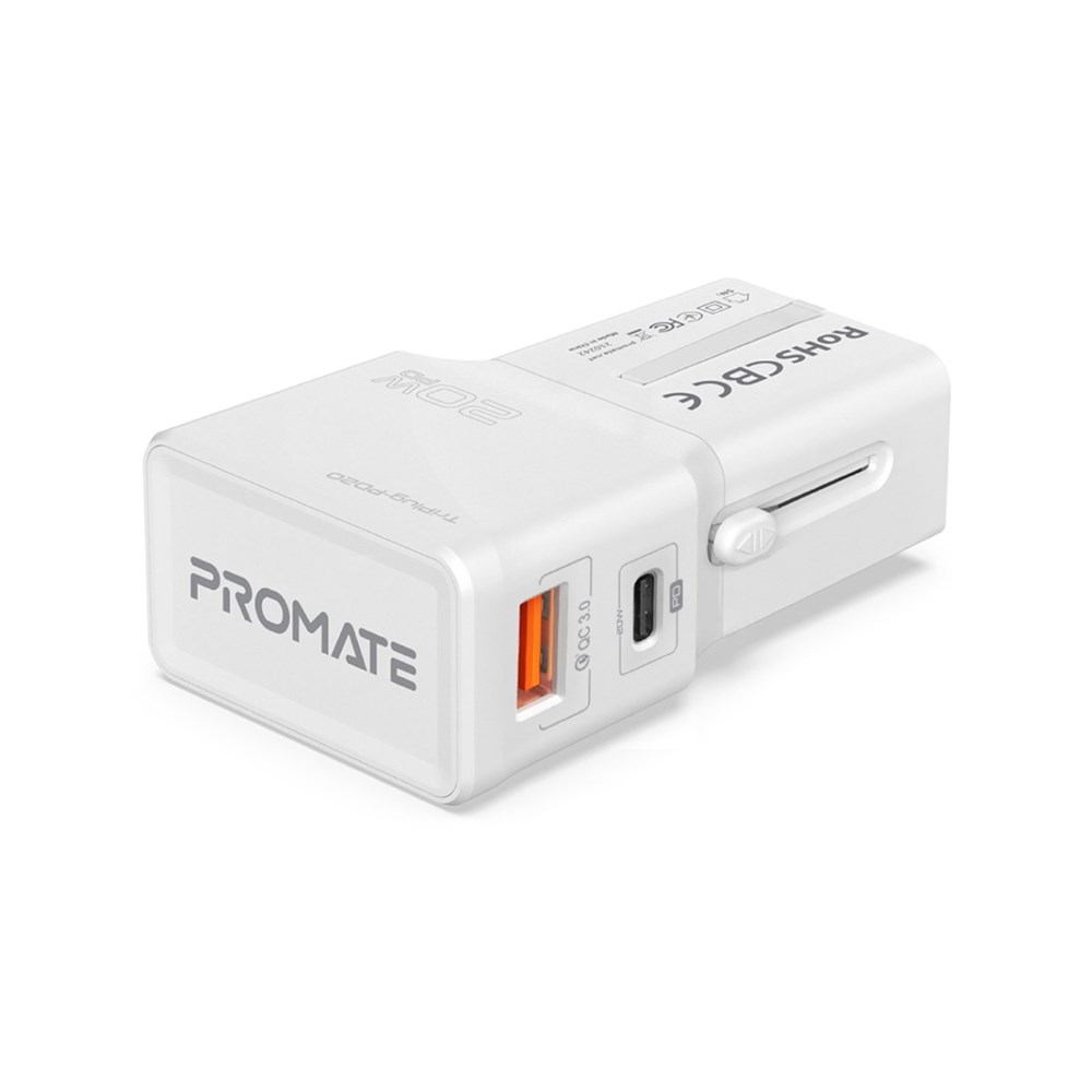 "Buy Online  Promate International Travel Adapter with Type-C 20W PD PortI QC 3.0 USB Port for USI EUI UKI AUS PlugsI TriPlug-PD20 White Mobile Accessories"