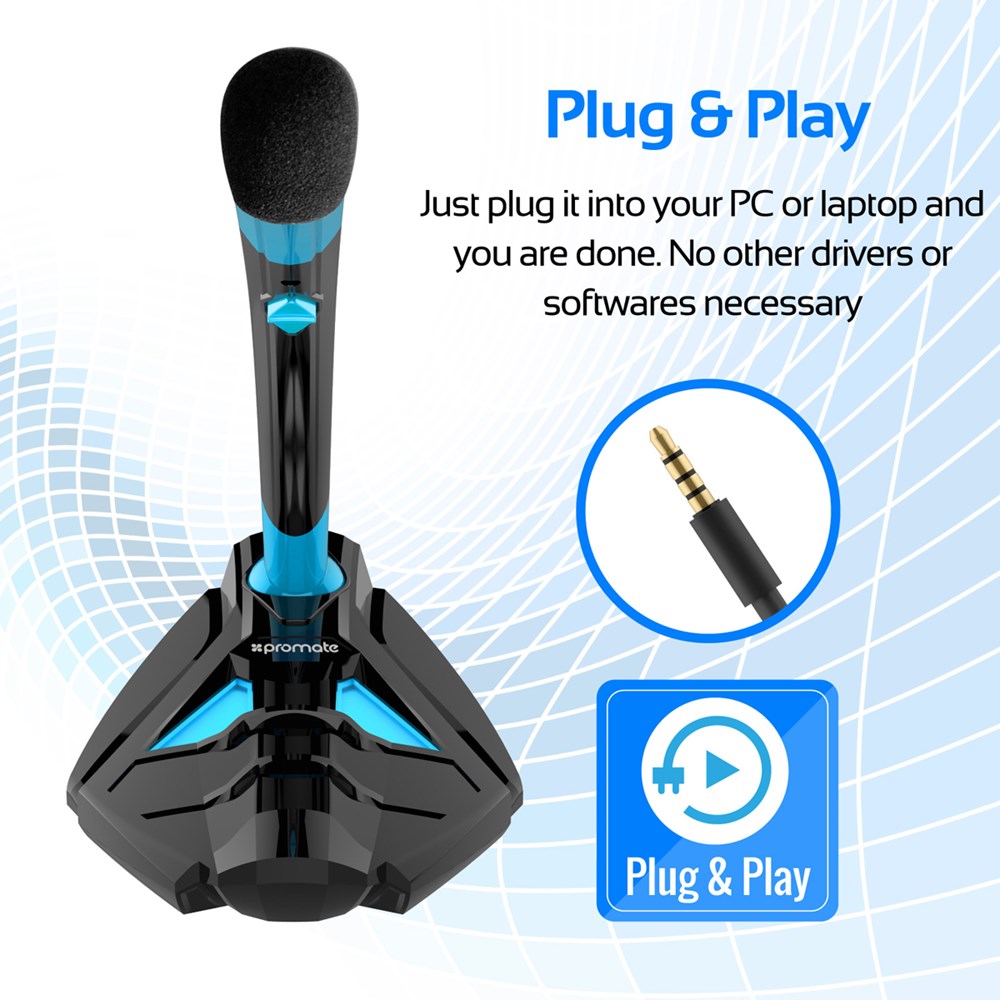 "Buy Online  Promate Desktop Microphone I Professional Digital 3.5mm Jack Microphone Stand with Adjustable Neck for Laptop I PC I iMac I Gaming Skype Audio Recording I Tweeter-4 Blue Audio and Video"
